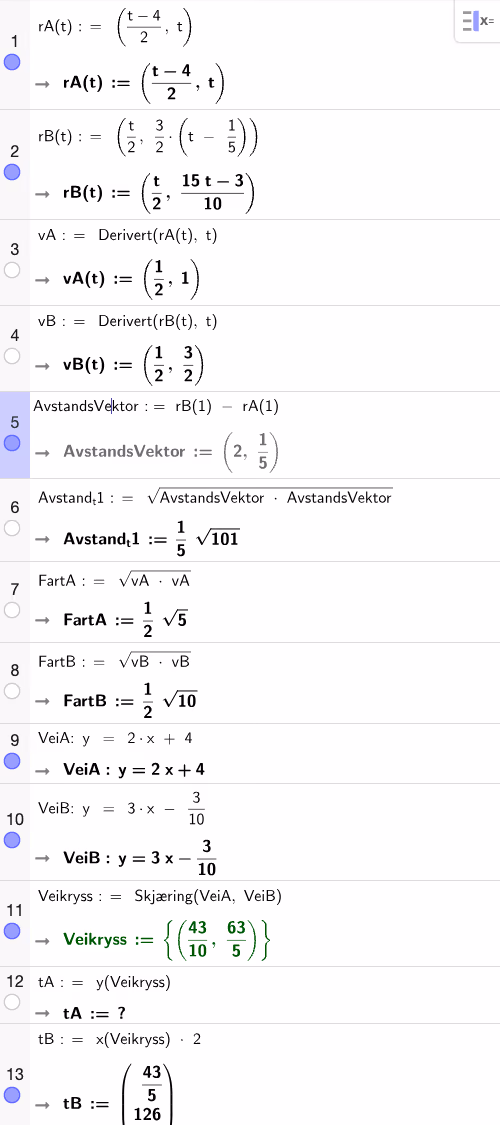 GeoGebra CAS – To biler på kryss og motorvei