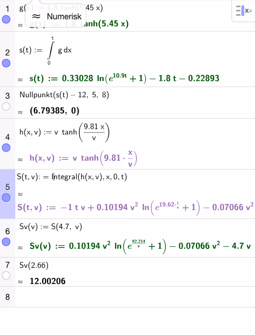 CAS-utregning av s(t) og løsning av s(t)=12