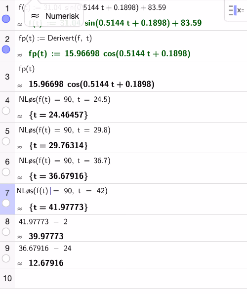 GeoGebra CAS: f(t)=90 og derivert