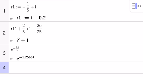 CAS-kontroll av røtter og e^(-2π/5)