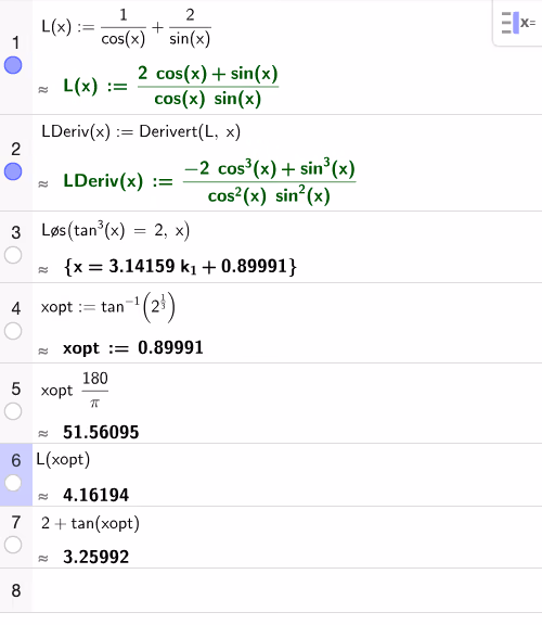 Løsning av L'(x)=0 og beregning av minste stigelengde