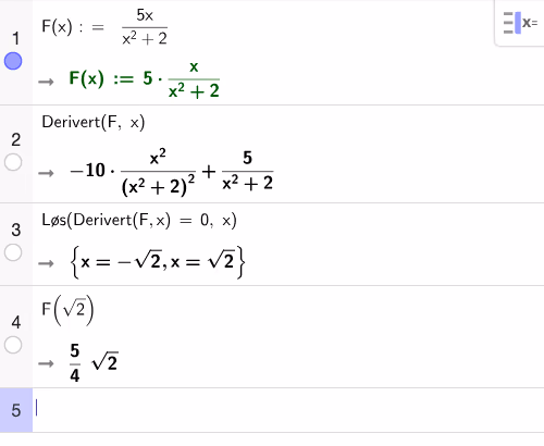 CAS-utregning av F'(x)=0 og F(sqrt(2))