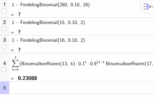 GeoGebra CAS – binomiske sannsynligheter