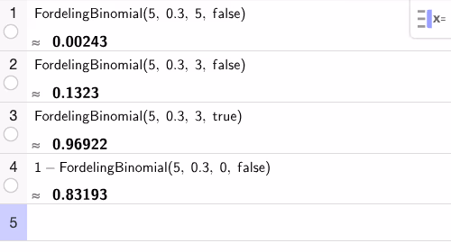 GeoGebra CAS-utregning av binomiske sannsynligheter