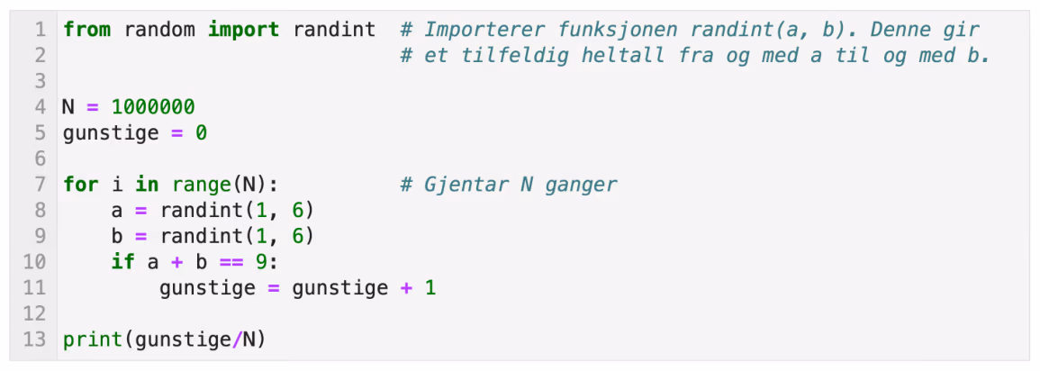 Programkode for simulering av terningkast
