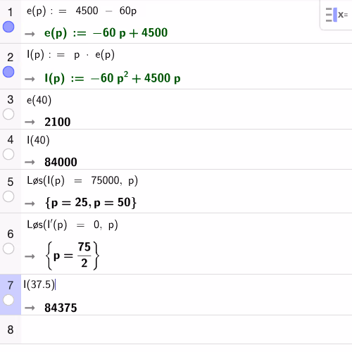 GeoGebra CAS – inntektsfunksjon og optimering