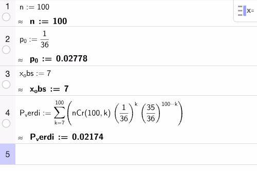 GeoGebra CAS – p-verdi for hypotesetest