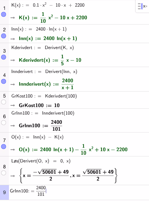 GeoGebra CAS – derivasjon og løsning av O'(x) = 0