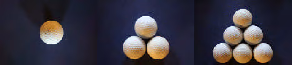 De tre første trekanttallene illustrert med 1, 3 og 6 golfballer
