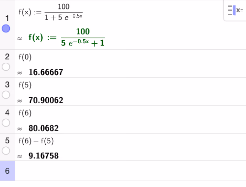 GeoGebra CAS: beregning av f(5), f(6) og differansen