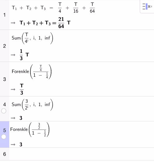 GeoGebra CAS: geometrisk rekke av trekantarealer og omkretser