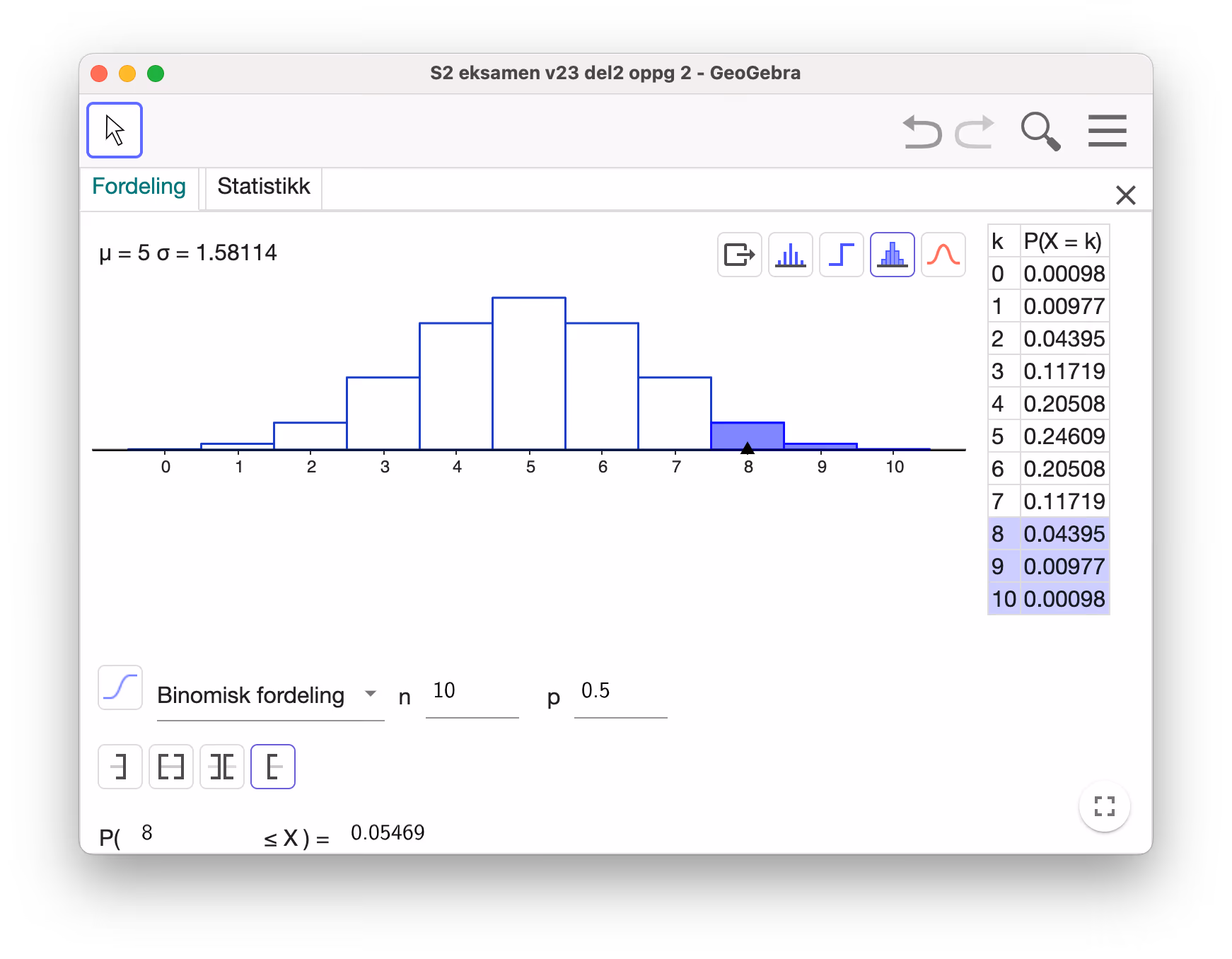 Bestemme P(8\leq X) i GeoGebra
